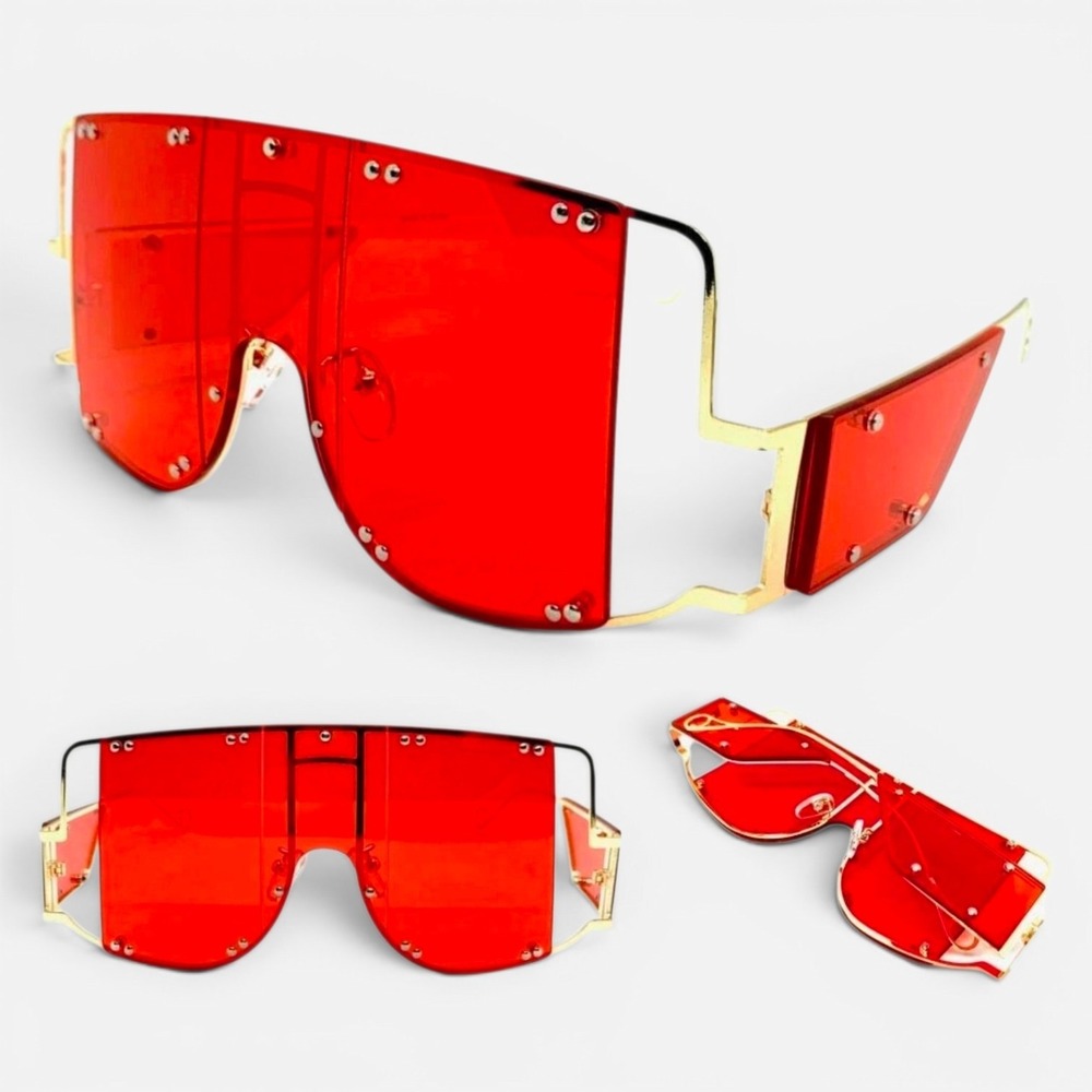 Shield Sunglasses Unisex OS Red NEW Oversized Futuristic Cyberpunk Gold Trim